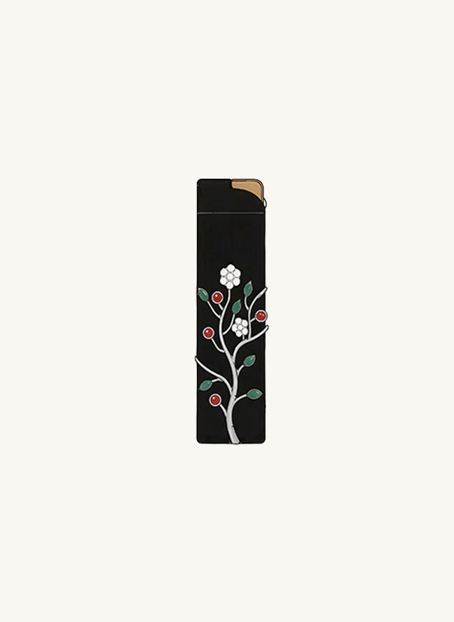 Fumoir Prunus lighter in black jade with a jewelled prunus branch in flower, set with diamonds, emeralds and rubies