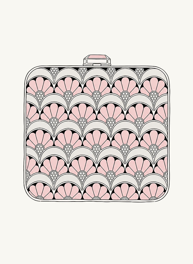 Illustrated plate of L'Éventail, a squared handbag worked in pink opal fans with mother-of-pearl, onyx and diamonds
