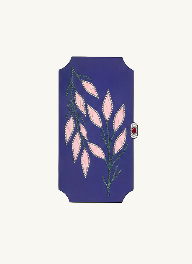 Feuillage cigarette case in lapis lazuli with pink opal leaves, tsavorite stems and a ruby clasp