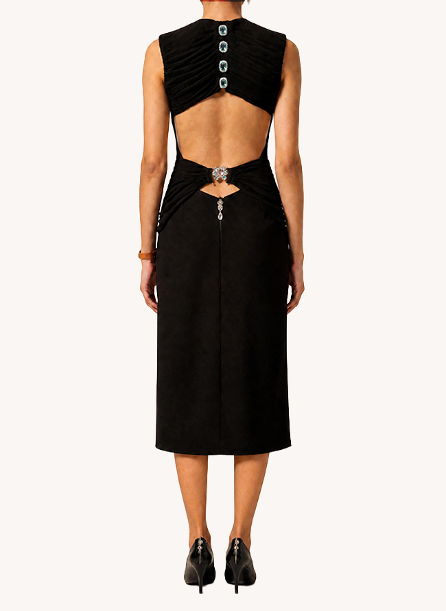 Back view of L'Aigue-Marine with cut-out back, aquamarine buttons and jewelled waist ornament