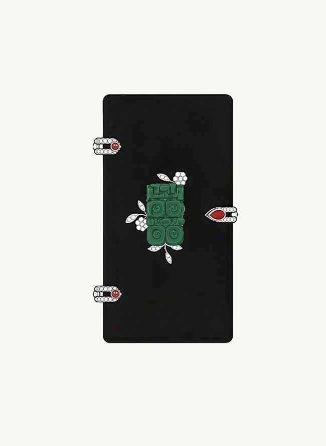 Fumoir Prunus cigarette case in black jade with a carved green jade motif, diamond flowers and ruby-set clasps