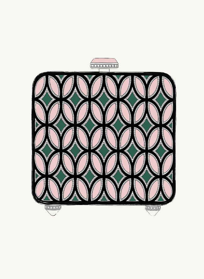 Illustrated plate of Le Vitrail, a handbag worked as a leaded window of rose quartz ovals over imperial jade and black jade