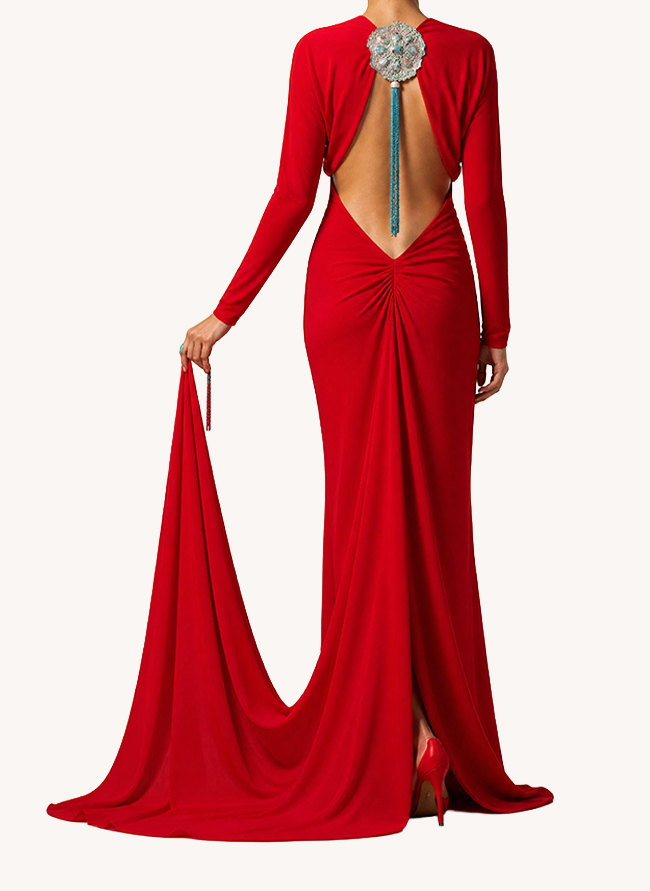 Back view of L'Heure Rouge with open back, turquoise clasp and gathered train