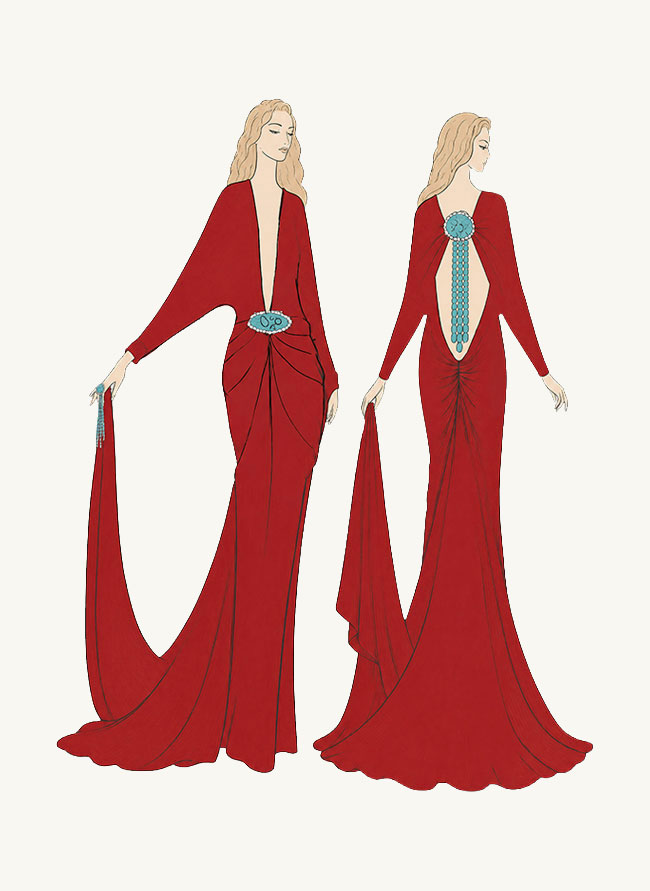 Front and back illustrated plate of L'Heure Rouge, a red crêpe gown with turquoise clasp and open back