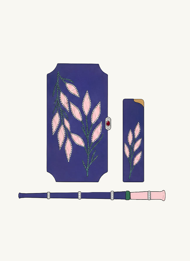 Illustrated plate of Fumoir Feuillage, a lapis case, lighter and pipe with pink opal leaves on tsavorite stems