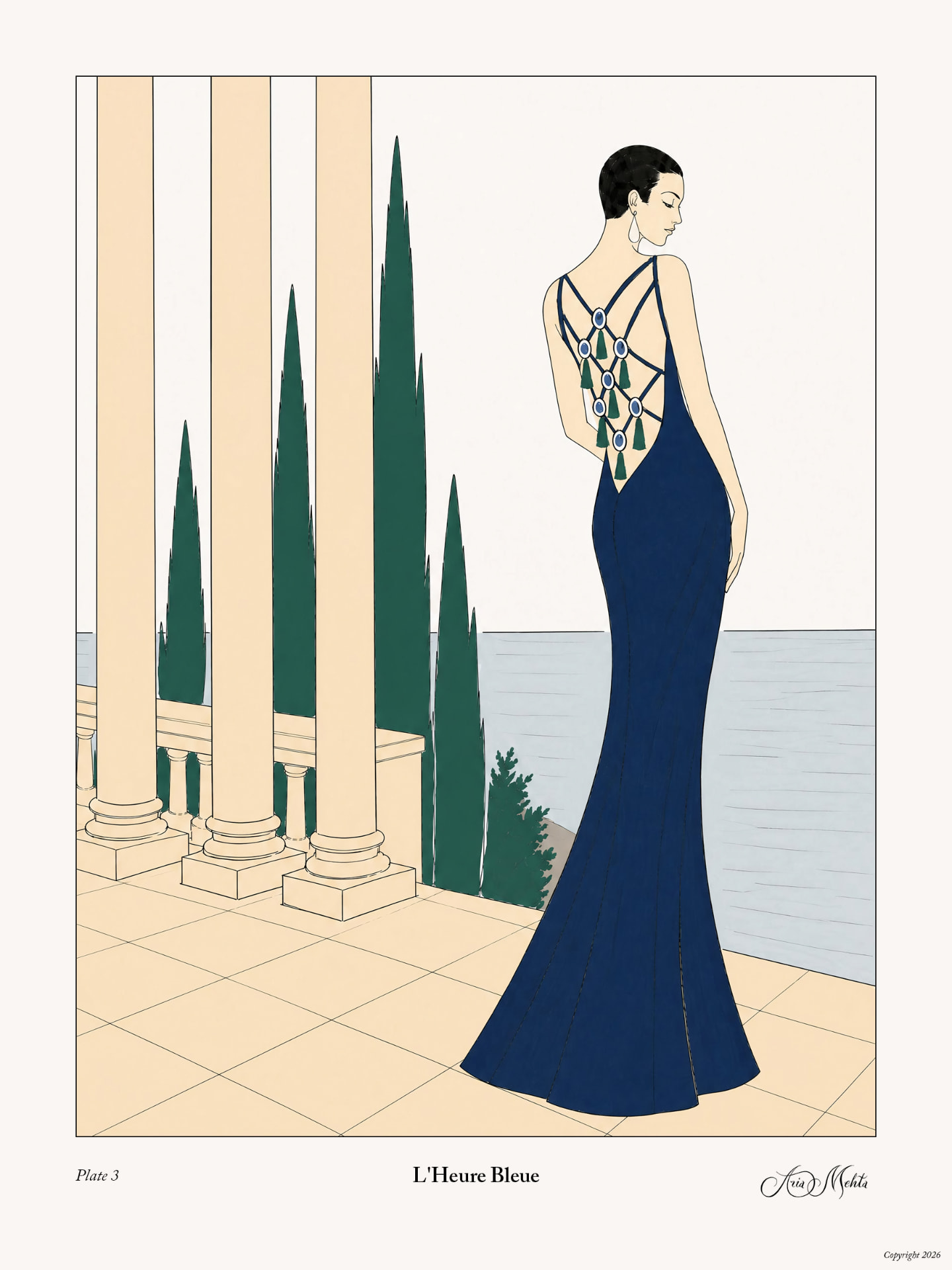 Illustrated plate of L'Heure Bleue drawn against a colonnade
