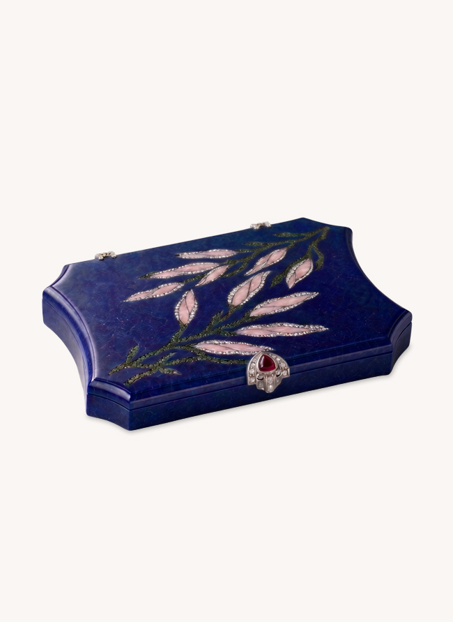 Fumoir Feuillage cigarette case in lapis lazuli with pink opal leaves, tsavorite stems and a ruby clasp