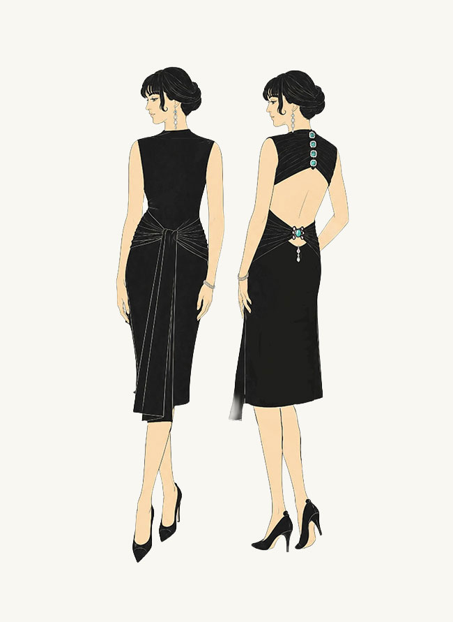 Front and back illustrated plate of L'Aigue-Marine, a black cocktail dress with aquamarine shoulder buttons and back ornament