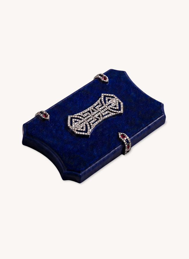 Fumoir Palais cigarette case in lapis lazuli with a diamond fretwork cartouche and ruby-set clasps