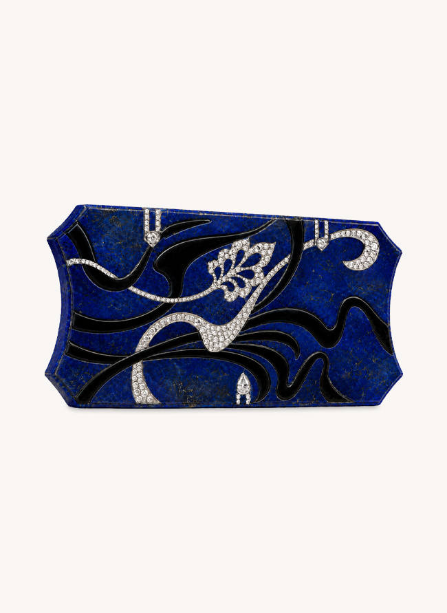 Fumoir Minuit cigarette case in lapis lazuli inlaid with black jade scrolls and a diamond lotus