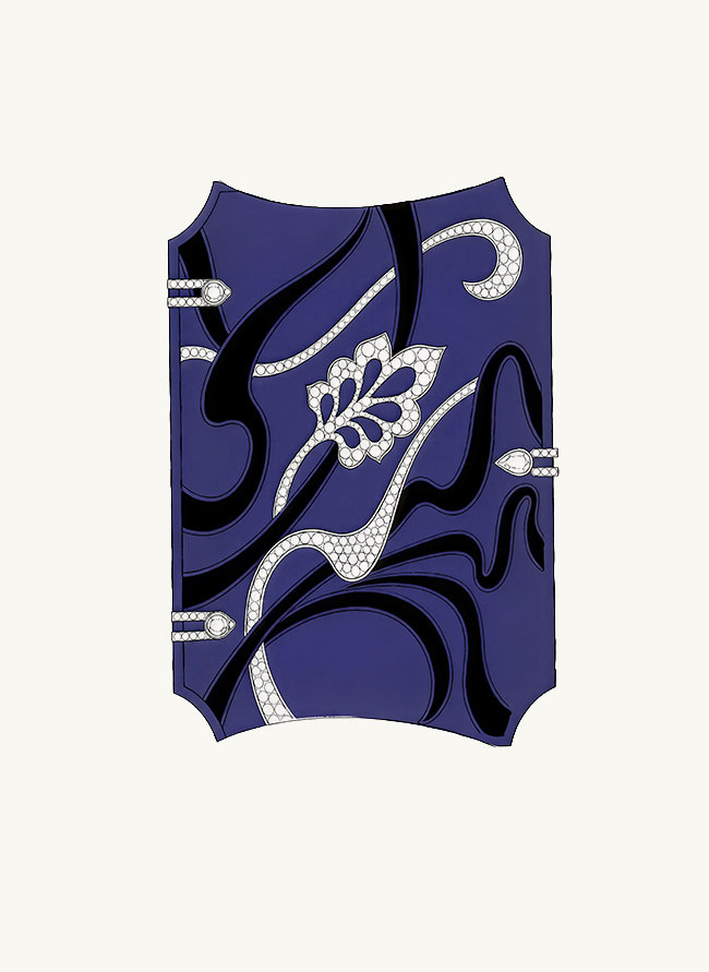 Illustrated plate of Fumoir Minuit, a lapis cigarette case with black jade scrolls and a diamond lotus