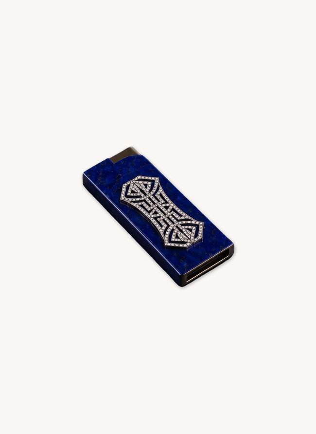 Fumoir Palais lighter in lapis lazuli set with a diamond geometric cartouche