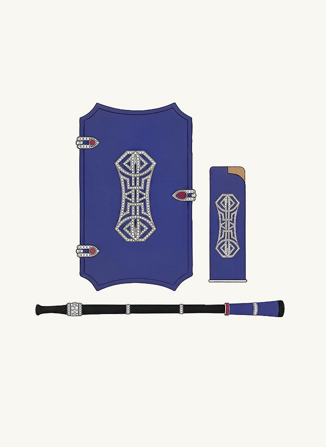 Illustrated plate of Fumoir Palais, a lapis case, lighter and pipe with a diamond geometric cartouche and ruby clasps