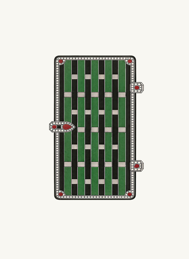 Illustrated plate of Fumoir Bambou, a cigarette case of green and black jade canes bordered with diamonds and rubies