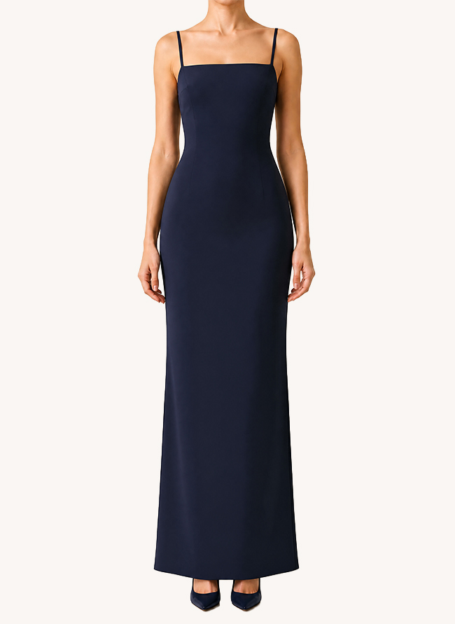 L'Heure Bleue seen from the front, a navy satin column gown with fine straps and a straight neckline