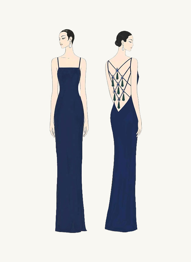 Front and back illustrated plate of L'Heure Bleue, a navy satin gown with a lattice back