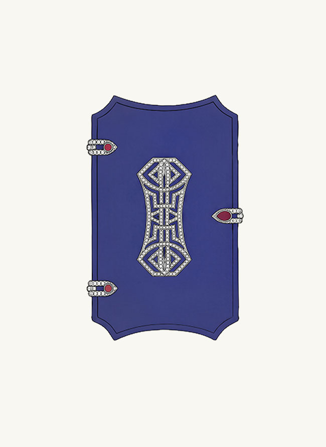 Palais cigarette case in lapis lazuli with a diamond fretwork cartouche and ruby-set clasps
