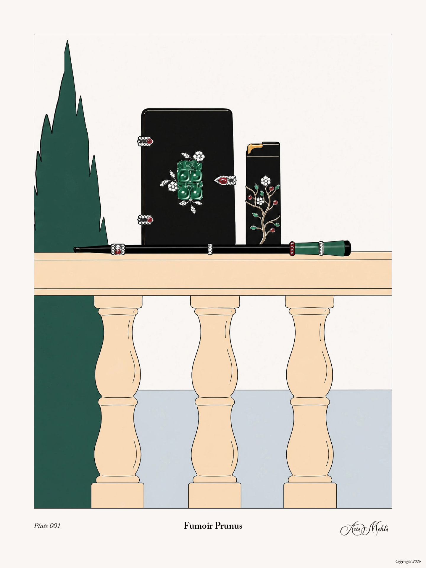 Fumoir Prunus drawn on a balustrade, the case, lighter and pipe together