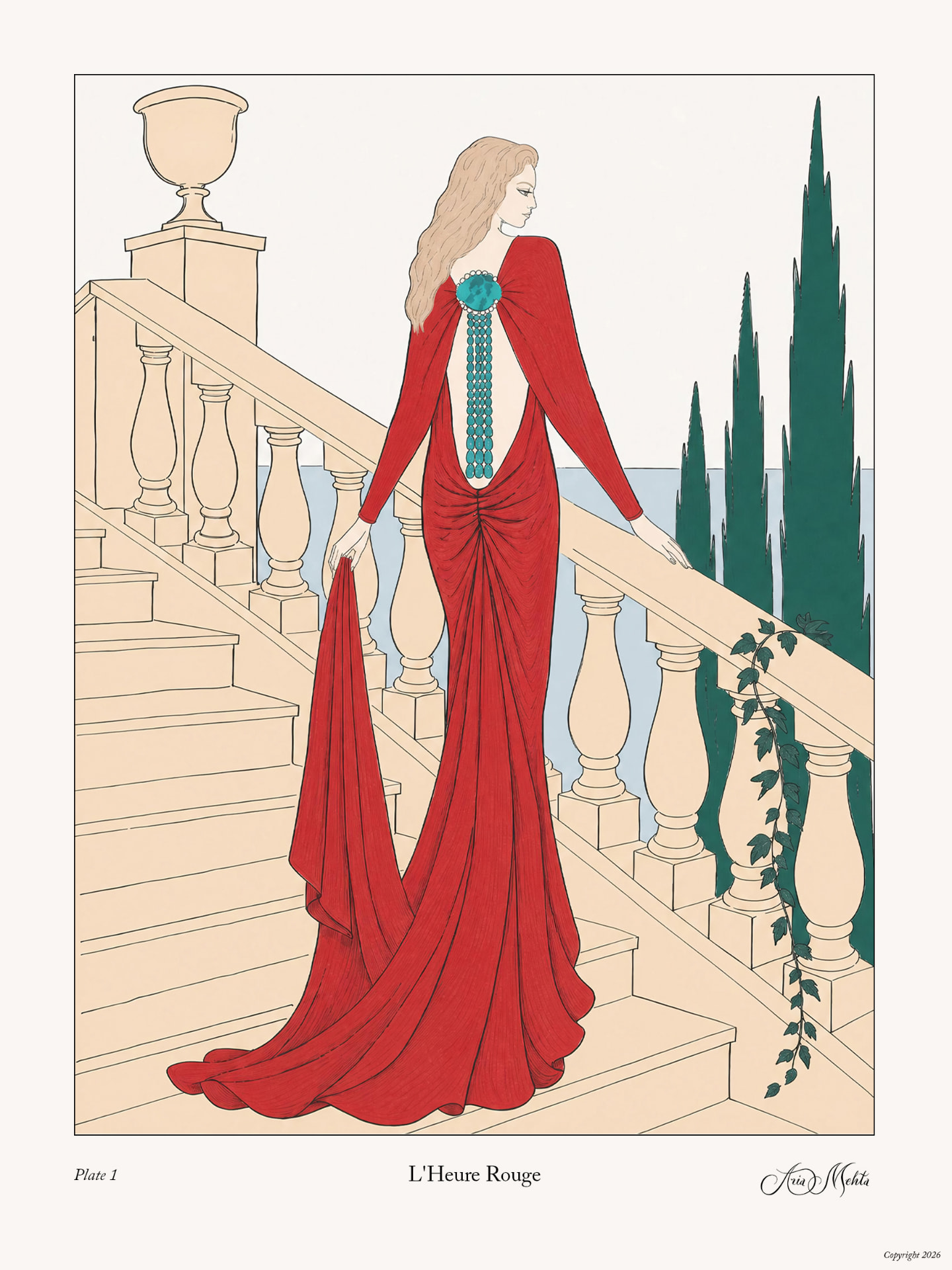 Illustrated plate of L'Heure Rouge drawn on a villa staircase