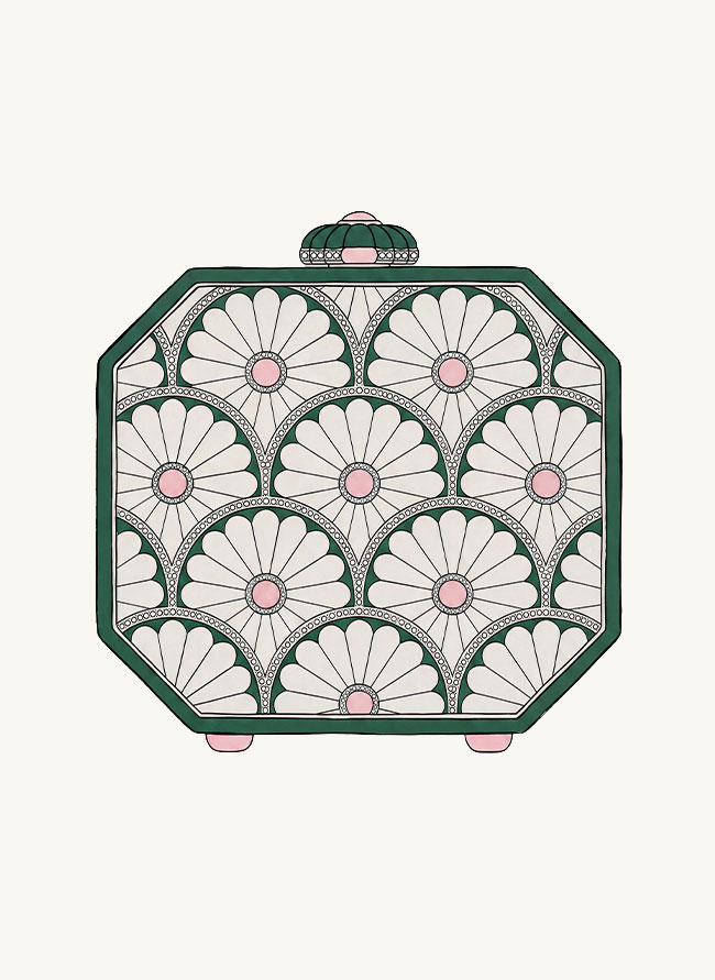 Illustrated plate of La Marguerite, an octagonal handbag of mother-of-pearl daisies framed in imperial jade with pink opal centres
