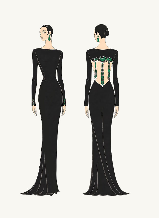 Front and back illustrated plate of L'Heure Verte, a black column gown with an emerald-strung open back