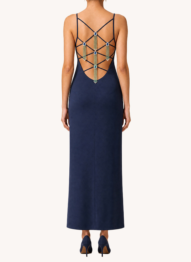 L'Heure Bleue seen from the back, with the lattice of cords, tanzanite drops and hanging chain tassels